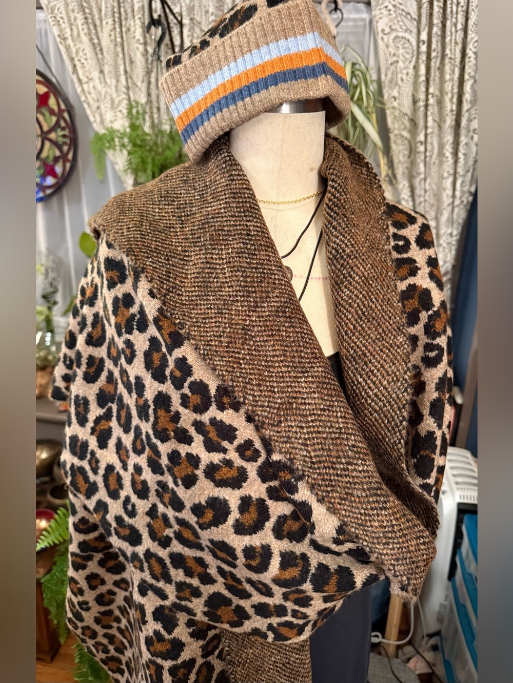 Echo Leopard Print scarf wrap with Blue and Orange Stripes